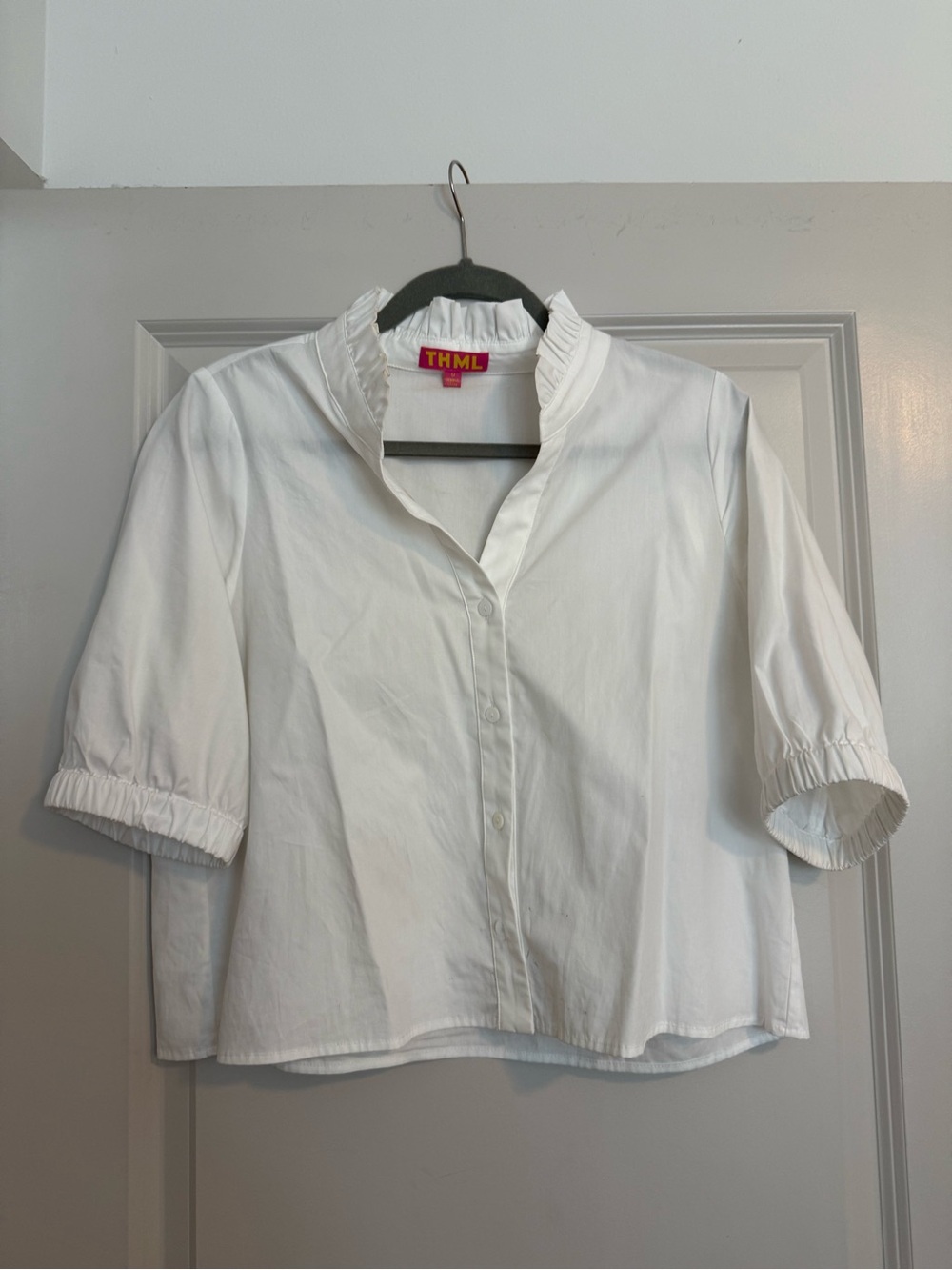 THML White Ruffled Stand-Collar Button Front Blouse